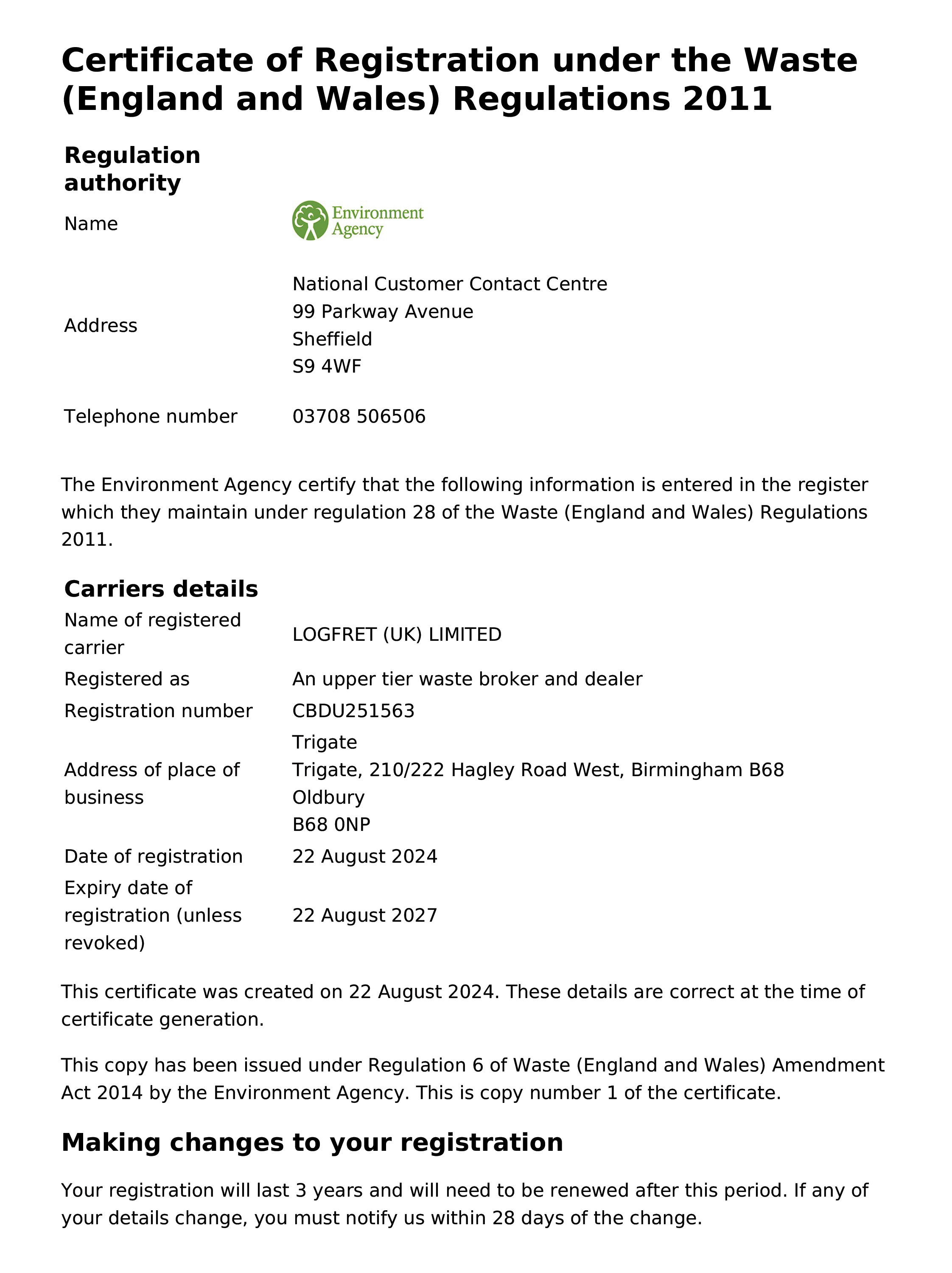 Logfret UK Waste Certificate